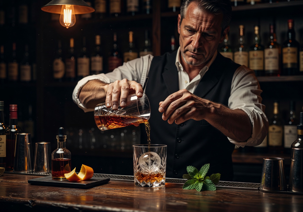 Bartender preparing a premium cocktail in a moody bar