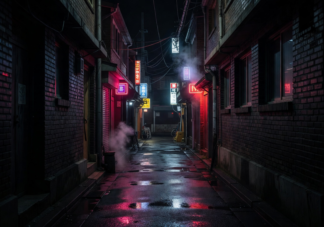 Dark moody seoul night alleyway